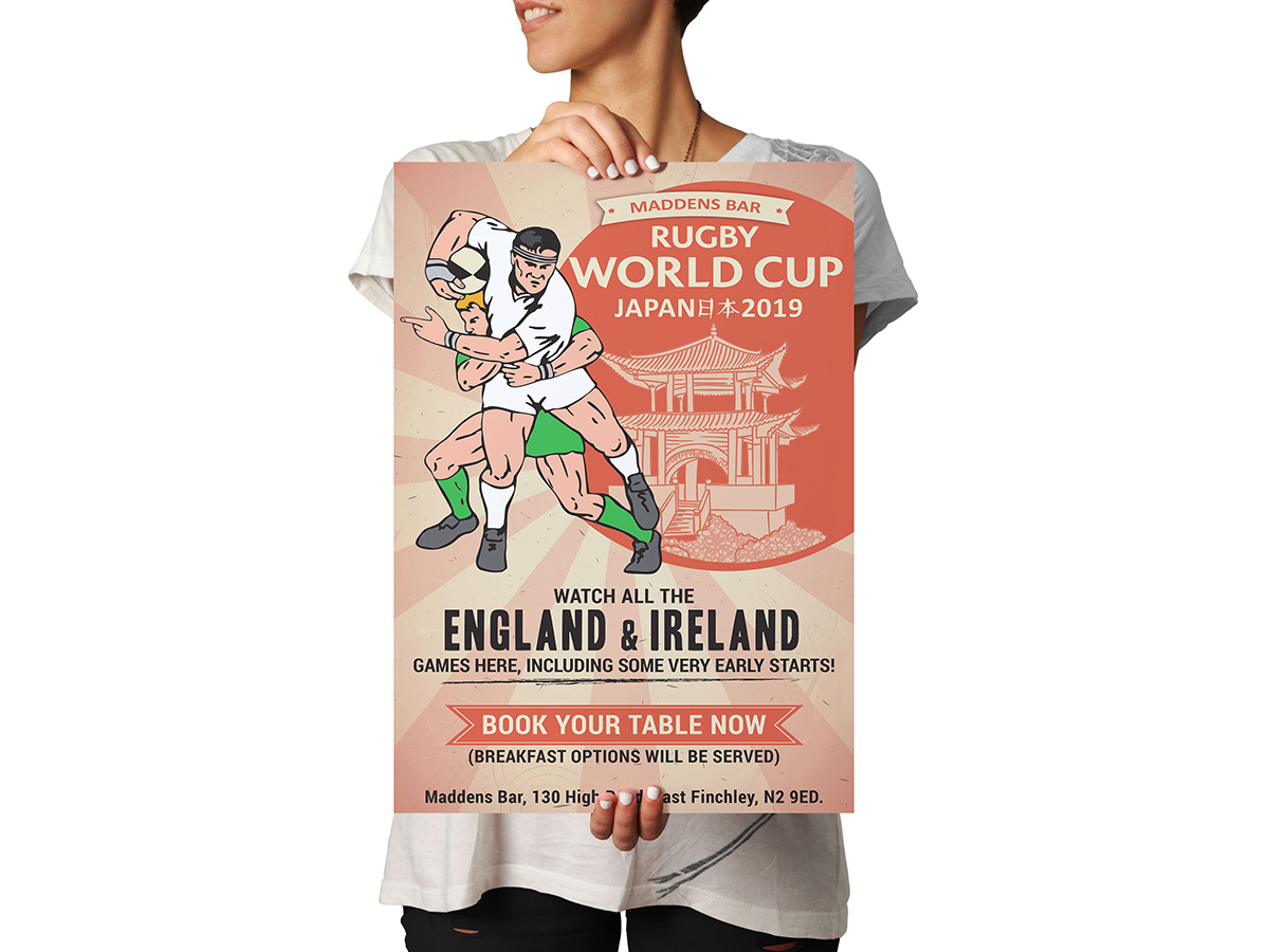 Flyer poster design rugby world cup japan 2019- maddens bar
